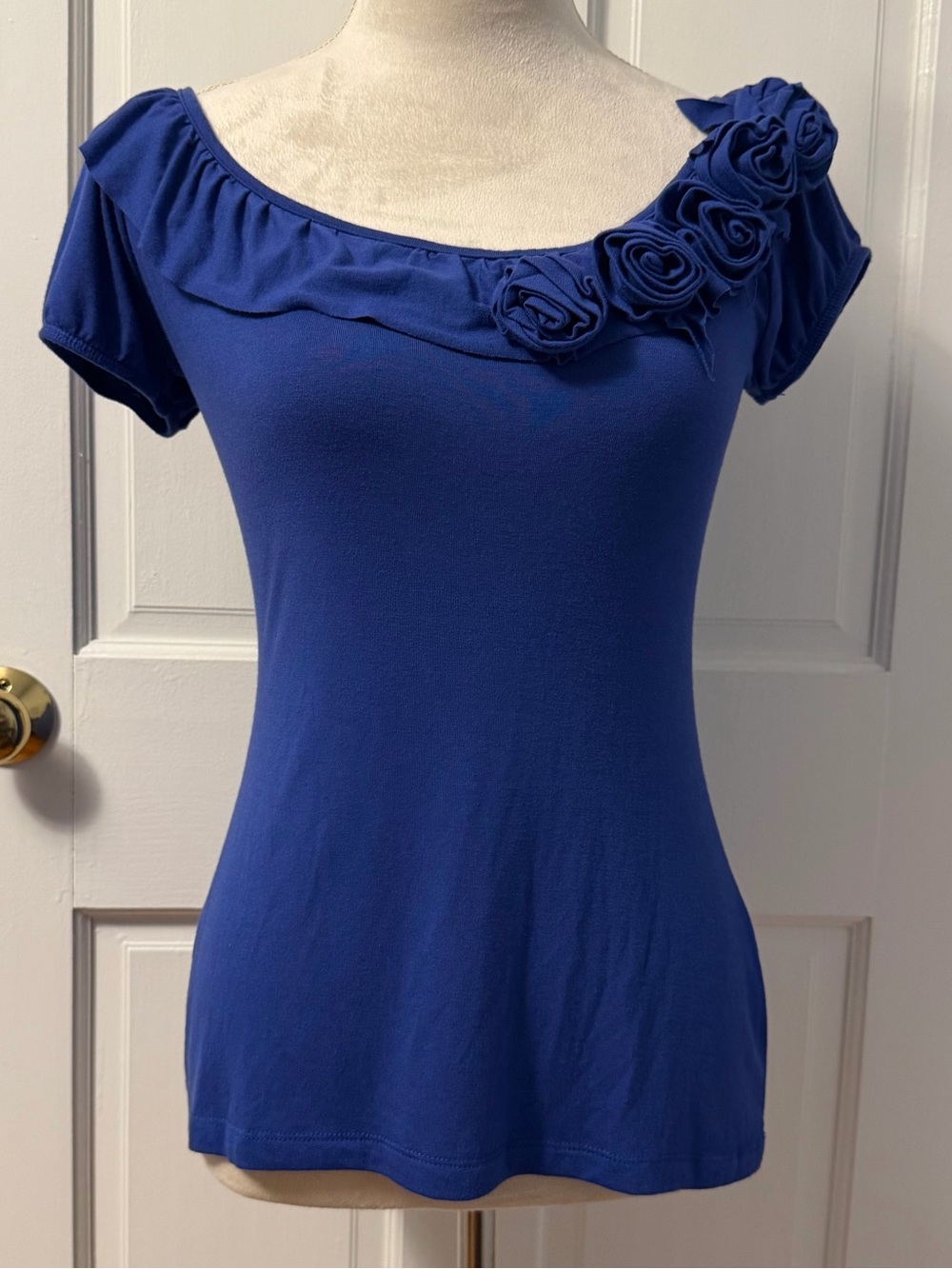 NWT Anthropologie Lu Lu Lame Blue Stretchy Top with Ruffle & Rosette Detail, S